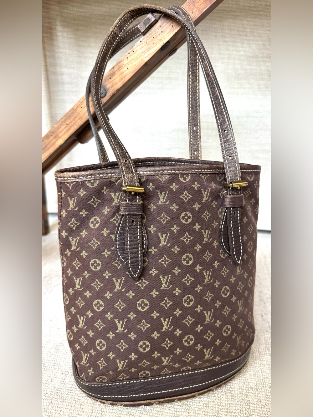 LOUIS VUITTON Mini Lin Monogram Bucket PM Tote Brown Canvas Leather Bag